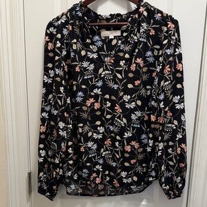 LOFT Black Blouse with Floral Design